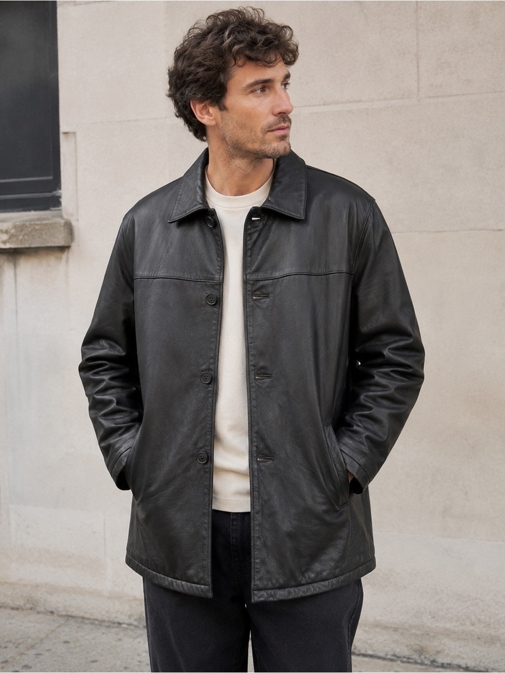 Dockers Men’s XL Black Leather Car Coat Classic Vintage